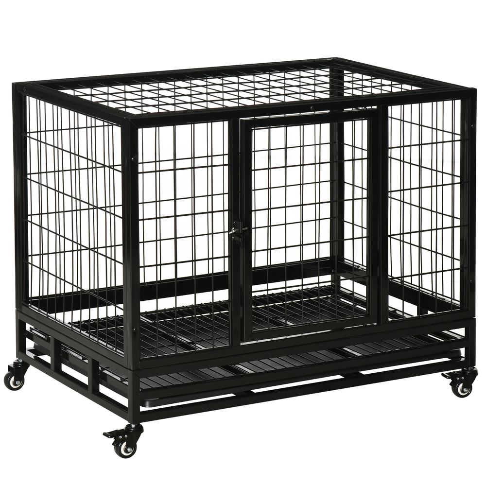 Dog Cage Pet Metal Heavy Duty with Wheels and Crate Tray for Kennel Black M L