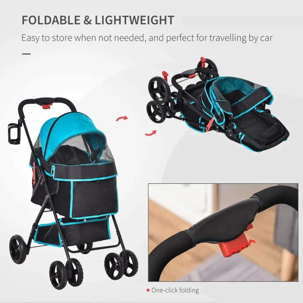 Pet Stroller Foldable Carriage w/ Brake Basket Adjustable Canopy Removable Cloth