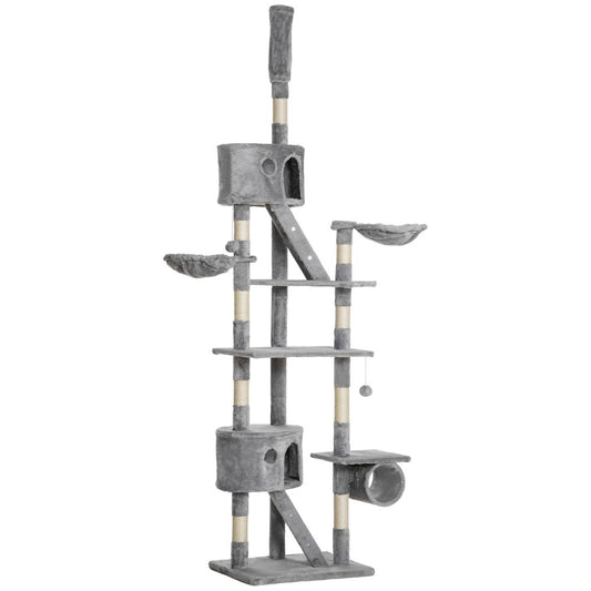 PawHut 240-260cm Floor to Ceiling Cat Tree with Scratching Posts - Light Grey