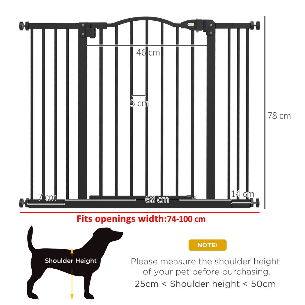 PawHut 74-100cm Adjustable Metal Pet Gate Safety Barrier w/ Auto-Close Black