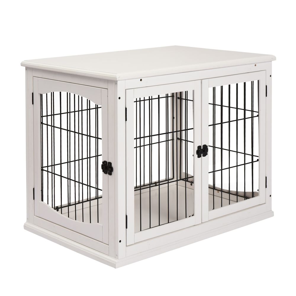 Wooden Dog Crate End Table Pet Puppy Cage w/Metal Wire for Small Dog White