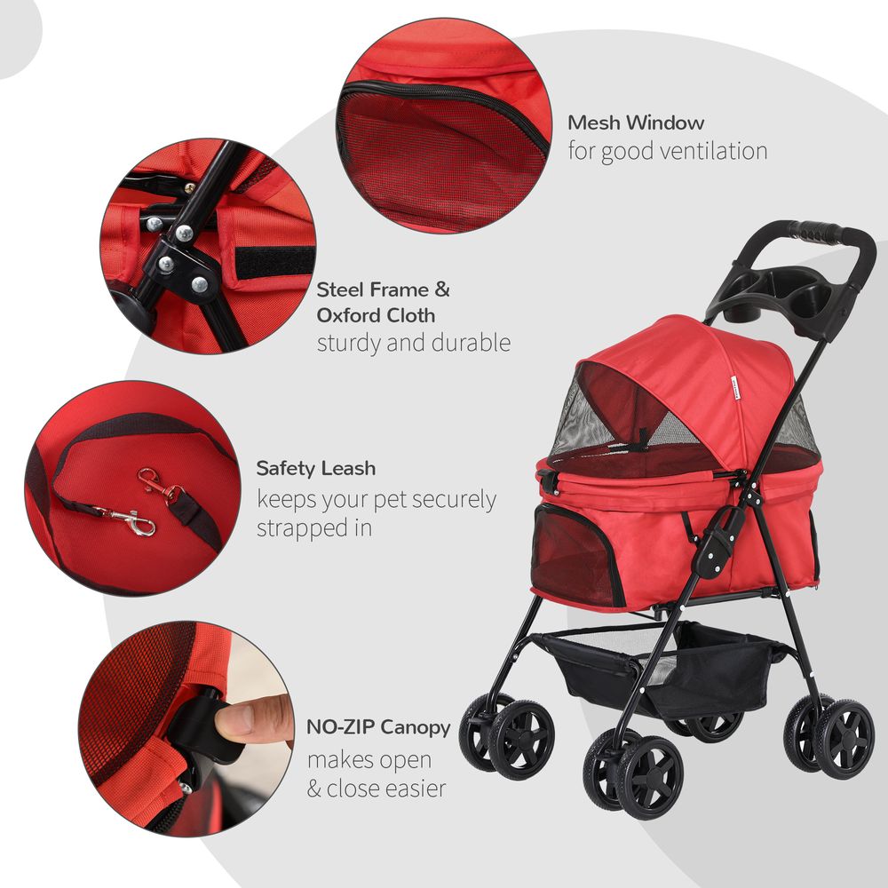 Pet Stroller No-Zip Foldable Travel Carriage with Brake Basket Adjustable Canopy