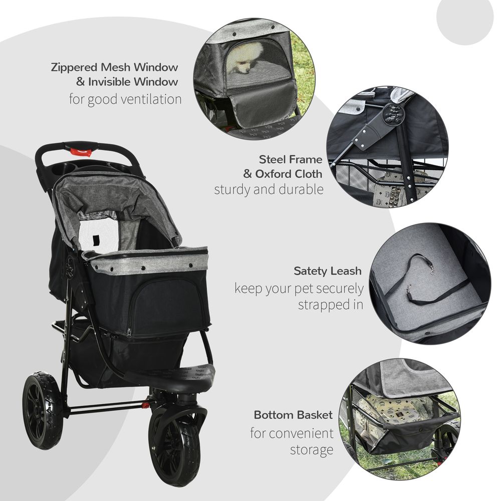 Folding 3 Wheel Pet Stroller Travel w/ Adjustable Canopy Storage Brake Grey