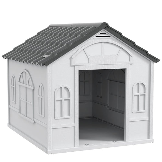 PawHut Weather-Resistant Dog House, Puppy Shelter for Large Dogs - Grey