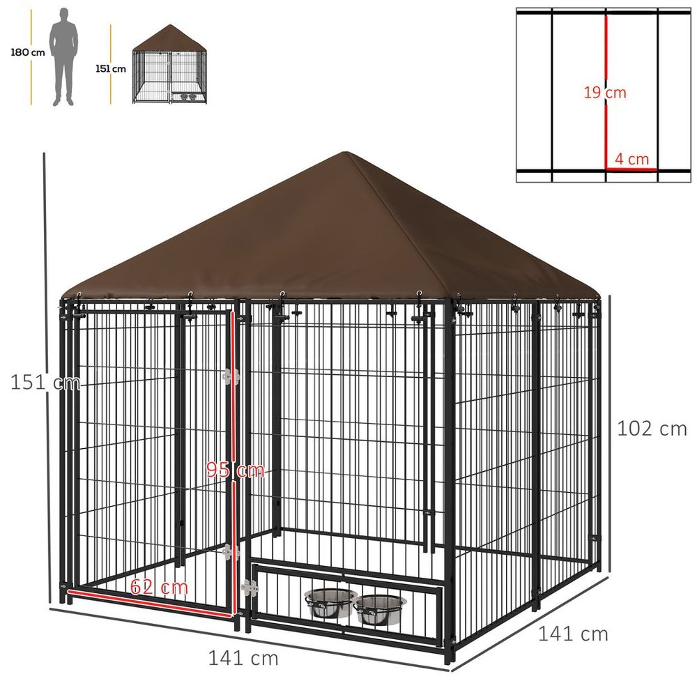 Outdoor Dog House Kennel with Canopy Top & Secure Lock Rotating Bowl Holder