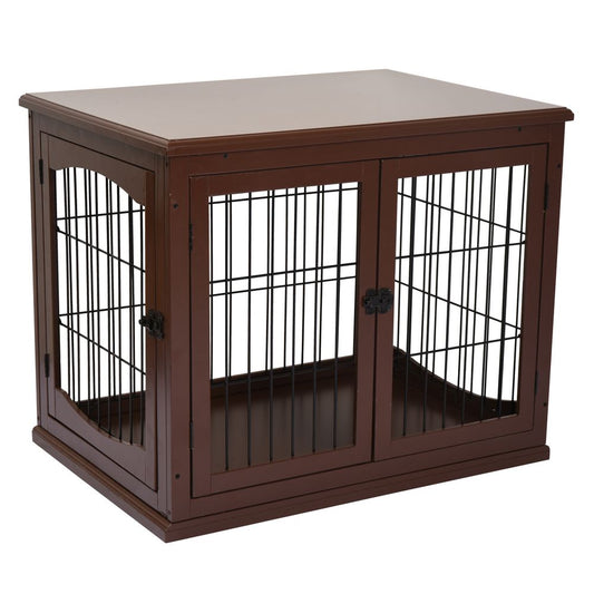 Wooden Dog Crate End Table Pet Puppy Cage w/Metal Wire for Small Dog Brown