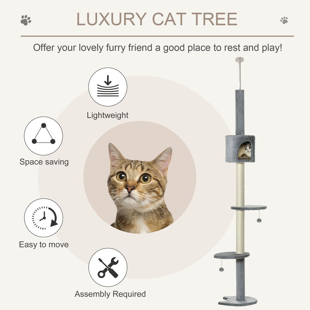 Cat Tree, Multi-Floor Pet Playhouse w/ Solid Scratching Post, Light Grey