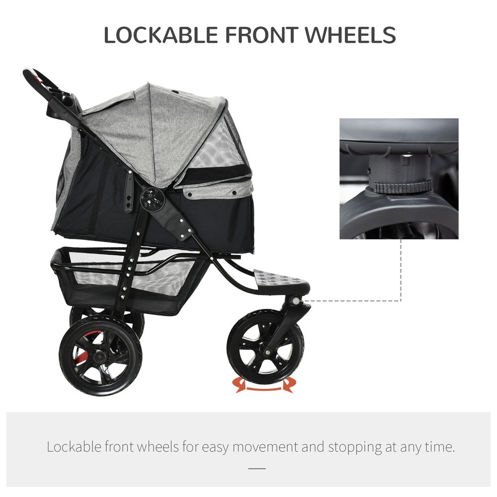 Folding 3 Wheel Pet Stroller Travel w/ Adjustable Canopy Storage Brake Grey