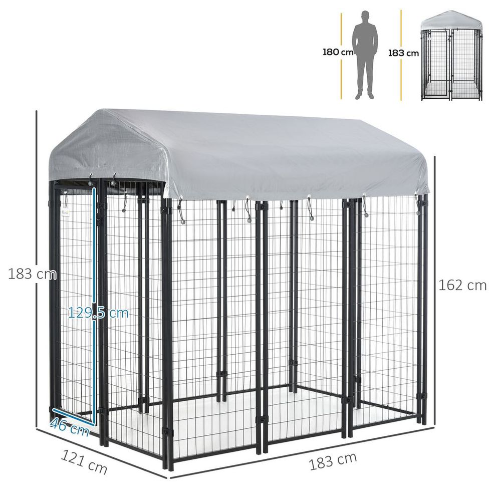 Outdoor Dog Kennel, Metal Dog Run with Canopy, 120 x 120 x 138cm