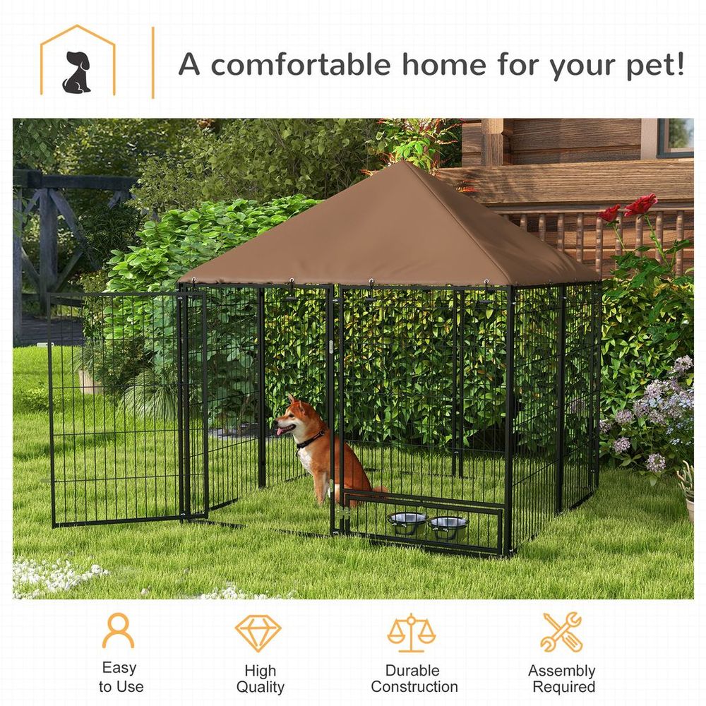 Outdoor Dog House Kennel with Canopy Top & Secure Lock Rotating Bowl Holder