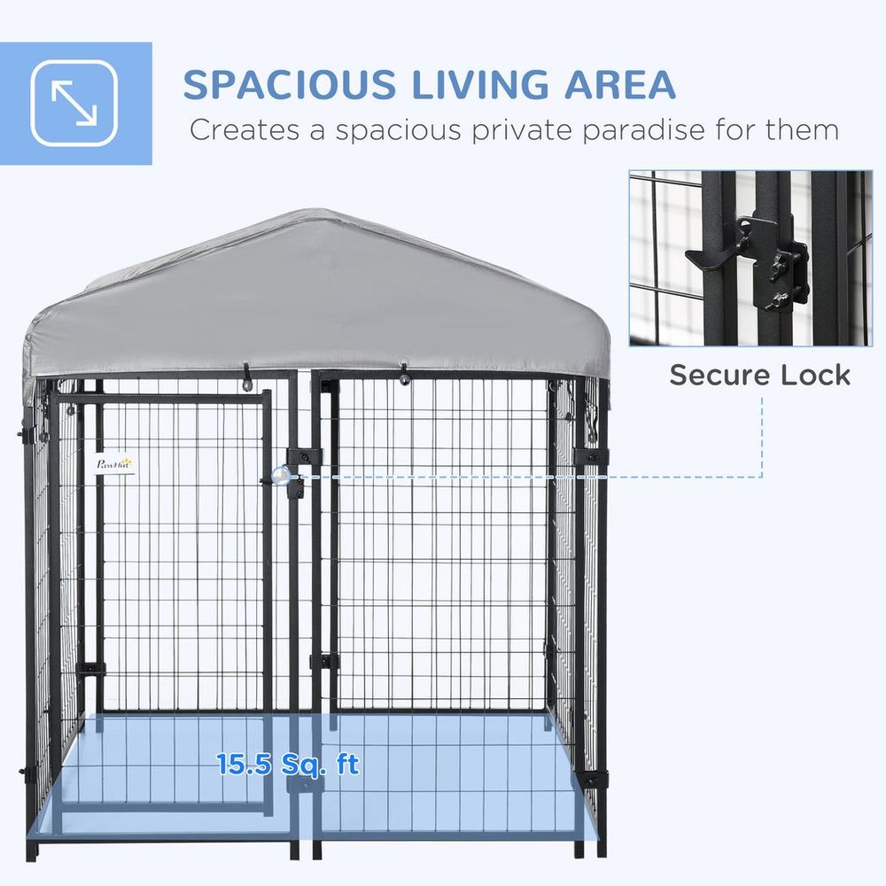 Outdoor Dog Kennel, Metal Dog Run with Canopy, 120 x 120 x 138cm