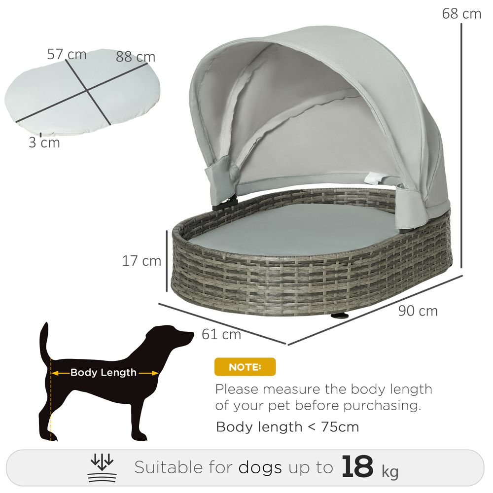 Wicker Pet Bed for Small Medium Dogs W/ Adjustable Canopy Cushion, Grey Pawhut