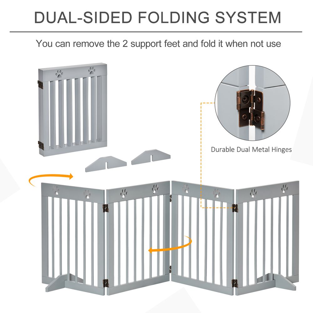 Freestanding Pet Gate 4 Panel Folding Wooden Dog Barrier  w/ Support Feet