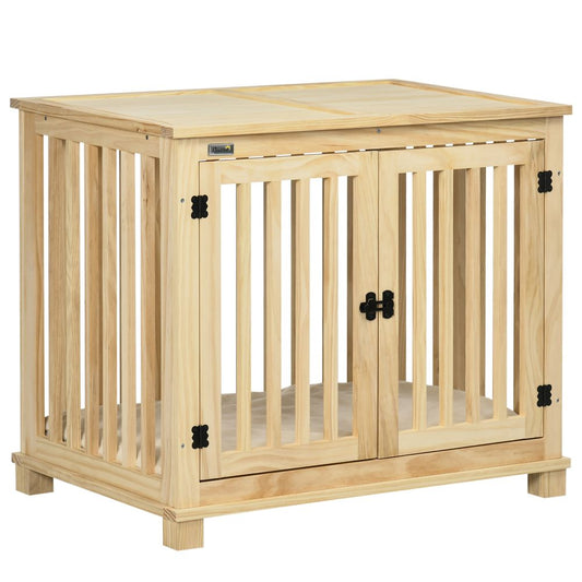 Wooden Dog Crate Furniture w/ Double Doors, Soft Cushion, for Medium Dogs