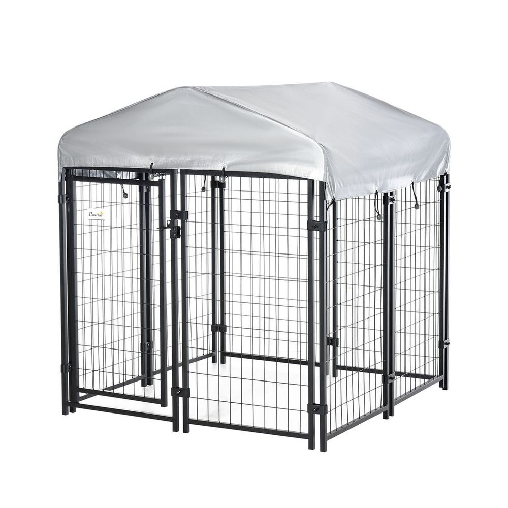 Outdoor Dog Kennel, Metal Dog Run with Canopy, 120 x 120 x 138cm