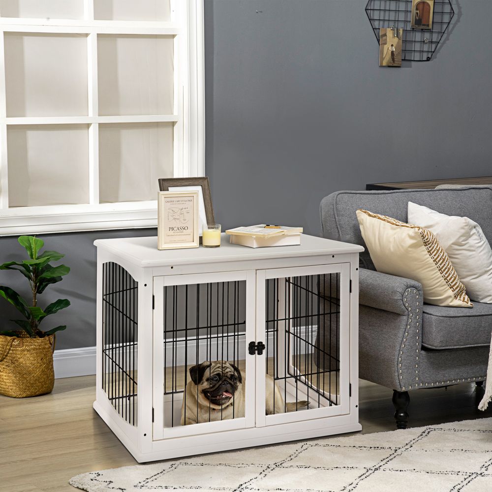 Wooden Dog Crate End Table Pet Puppy Cage w/Metal Wire for Small Dog White