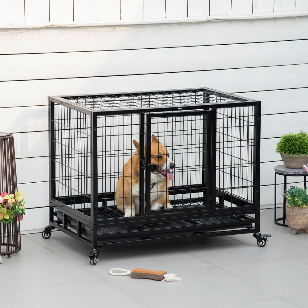 Dog Cage Pet Metal Heavy Duty with Wheels and Crate Tray for Kennel Black M L