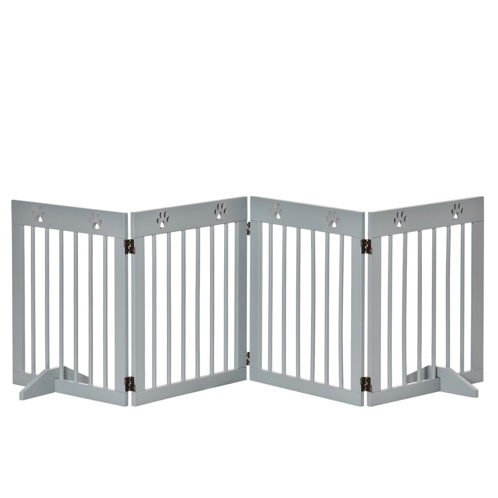 Freestanding Pet Gate 4 Panel Folding Wooden Dog Barrier  w/ Support Feet