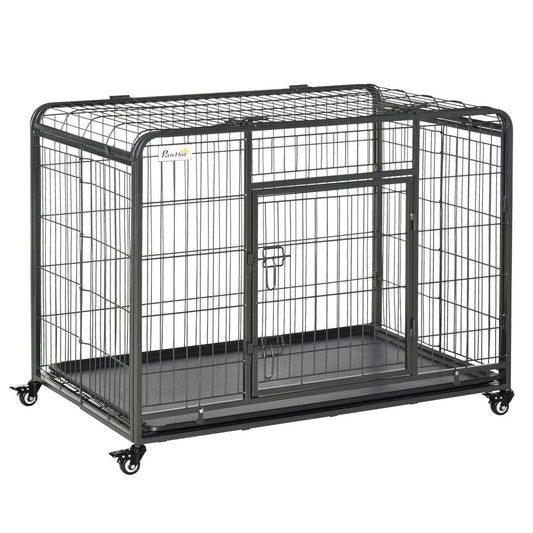 78x109cm Metal Dog Cage Kennel w/ Locking Door & Wheels Large Pets Pawhut