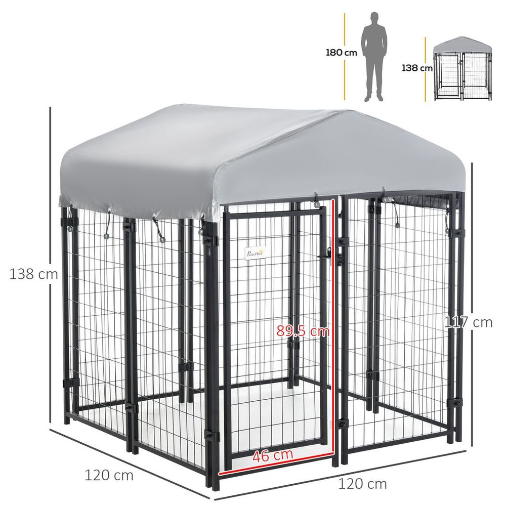 Outdoor Dog Kennel, Metal Dog Run with Canopy, 120 x 120 x 138cm