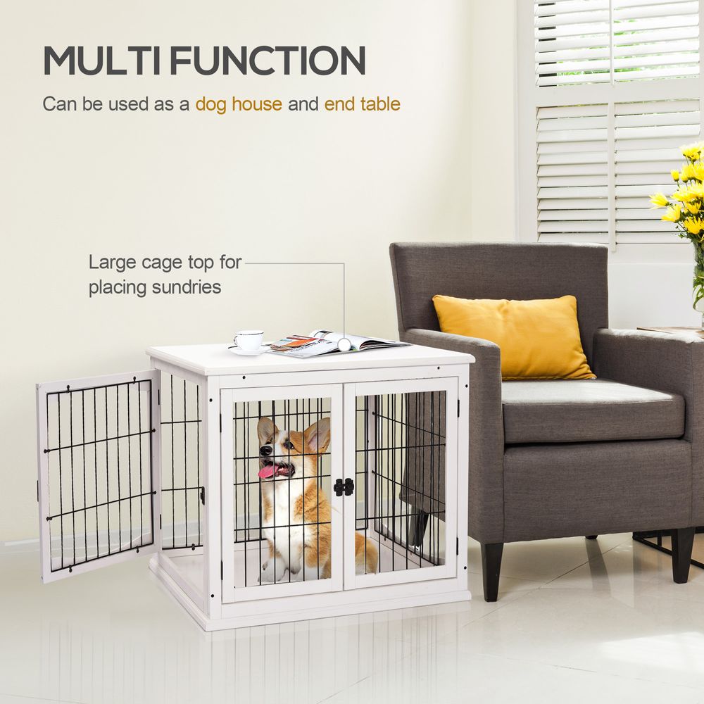 Wooden Dog Crate End Table Pet Puppy Cage w/Metal Wire for Small Dog White