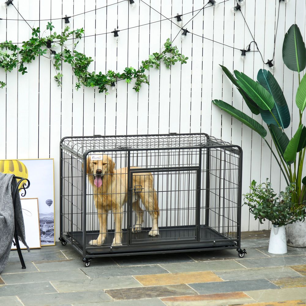 81x125cm Metal Dog Cage Kennel Locking Door & Wheels Extra Large Pets Pawhut