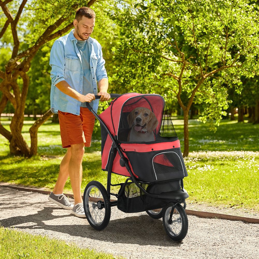 Foldable Pet Stroller Jogger w/ Canopy, Three Wheels, for Medium Dogs - Red