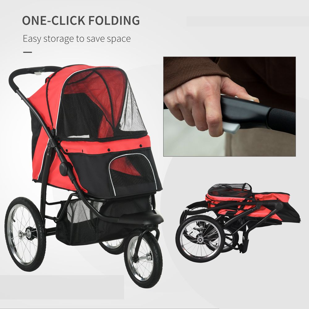 Foldable Pet Stroller Jogger w/ Canopy, Three Wheels, for Medium Dogs - Red