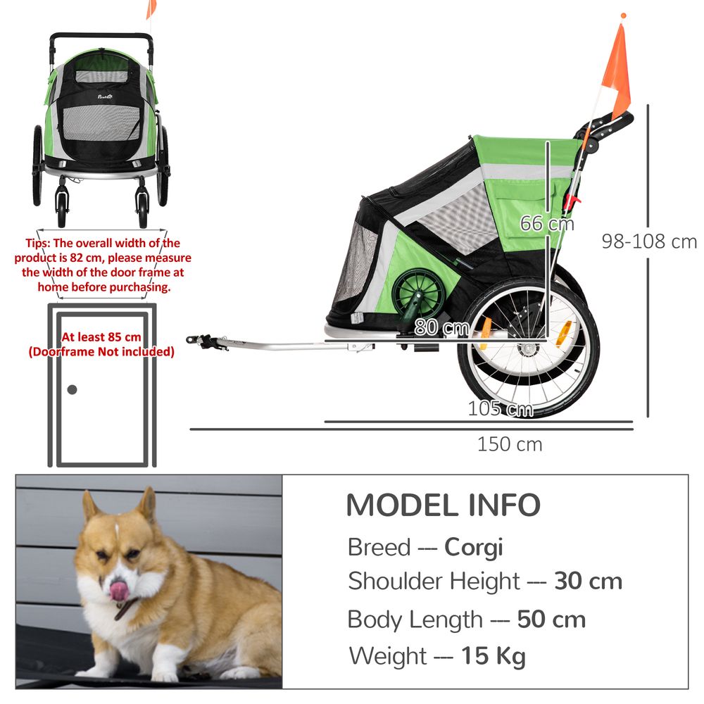 Dog Bicycle Trailer, 2-in-1 Foldable Pet Bike Stroller w/ Safety Leash Green