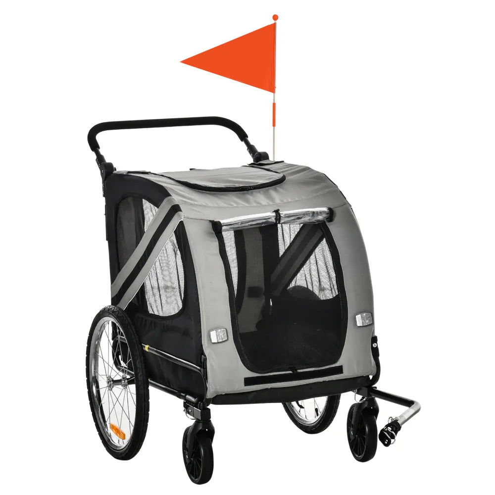 2-In-1 Dog Bike Trailer Pet Stroller with Universal Wheel Reflector Flag Grey