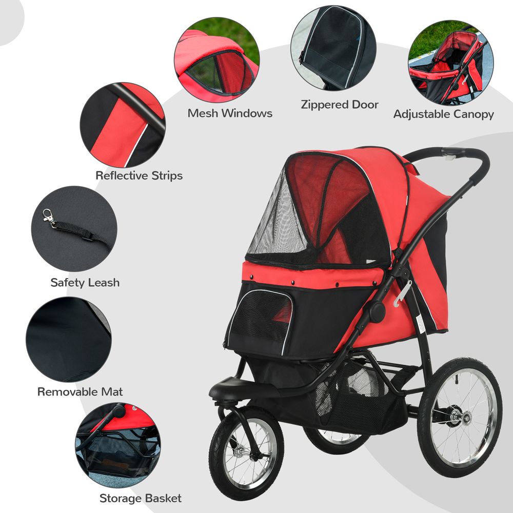 Foldable Pet Stroller Jogger w/ Canopy, Three Wheels, for Medium Dogs - Red