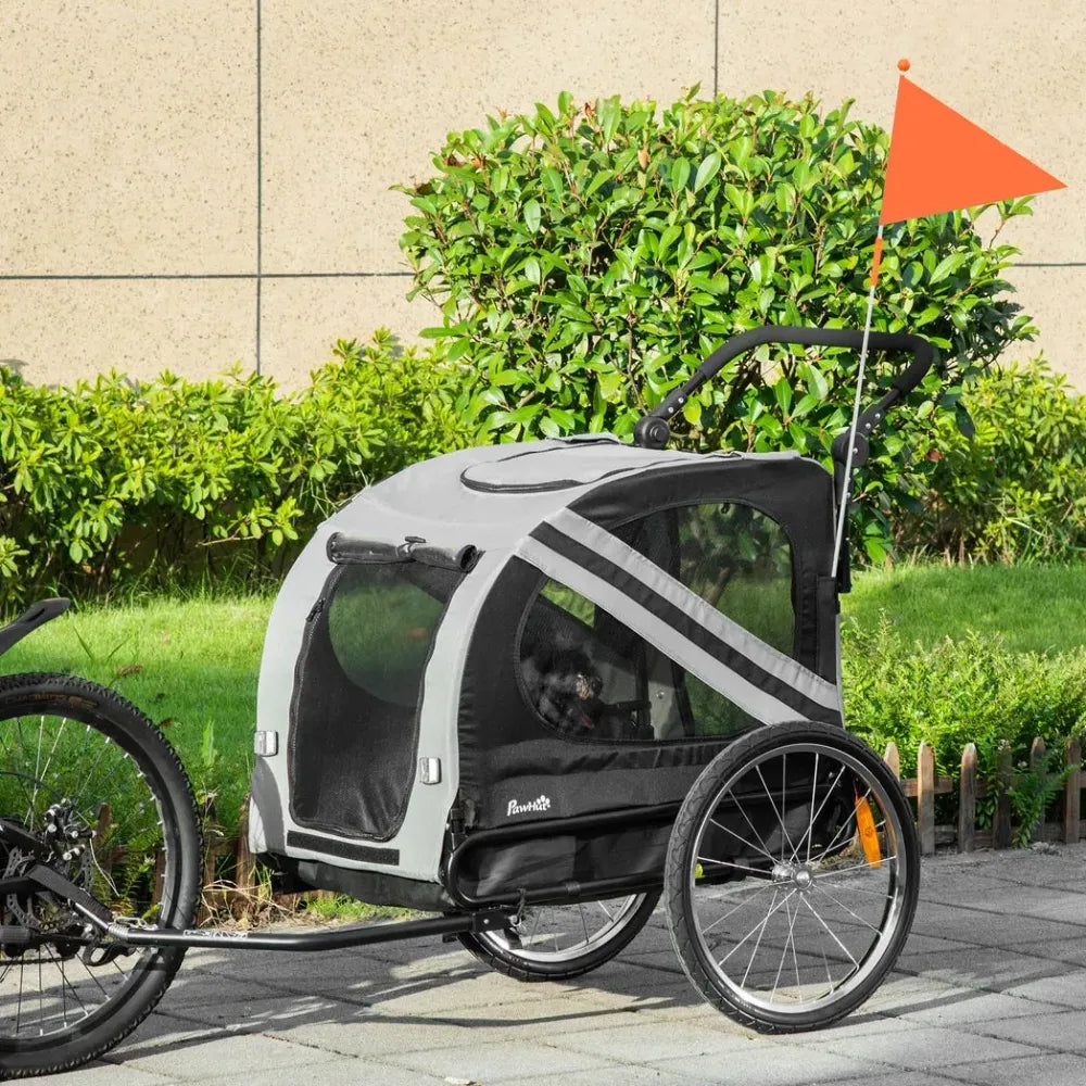 2-In-1 Dog Bike Trailer Pet Stroller with Universal Wheel Reflector Flag Grey