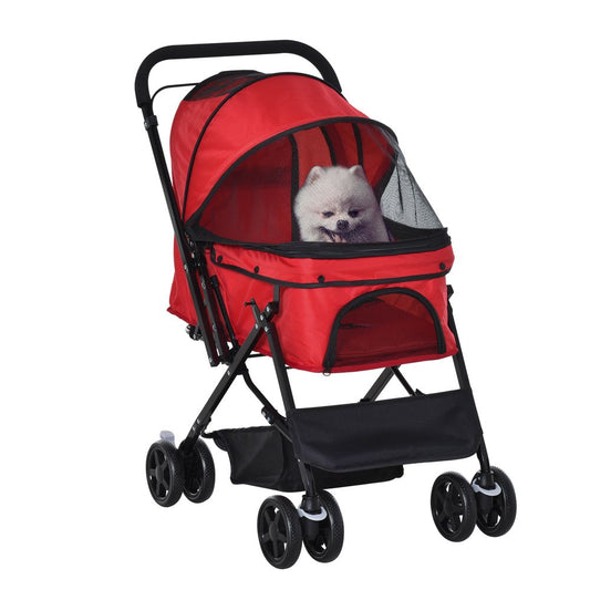 Pet Stroller Foldable Travel Dog Cat Carriage w/ Reversible Handle Brake Basket