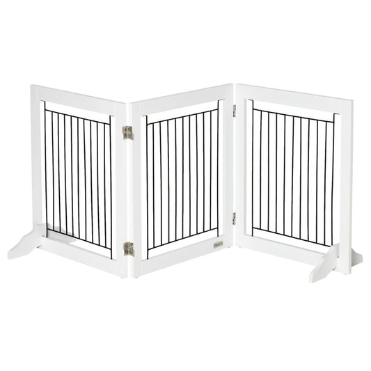 Foldable Dog Gate Freestanding Wooden Pet Barrier w/ 3 Panels, 2 Support Feet