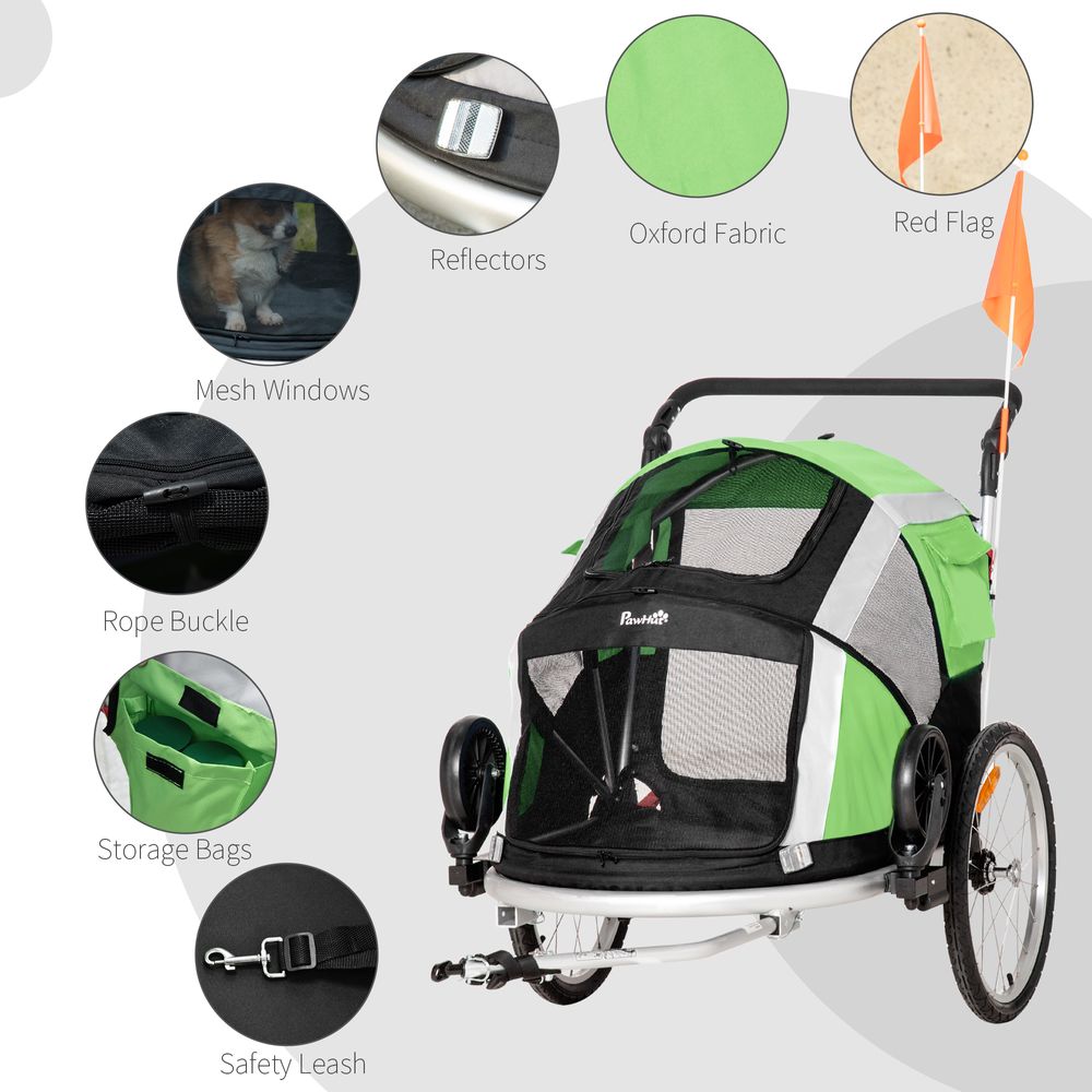 Dog Bicycle Trailer, 2-in-1 Foldable Pet Bike Stroller w/ Safety Leash Green