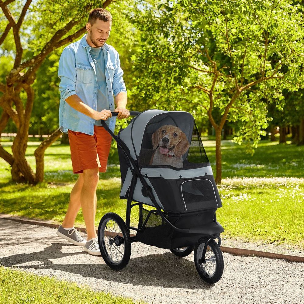 3 Wheel Pet Stroller, for Medium Small Dogs, Foldable Cat Pram - Grey