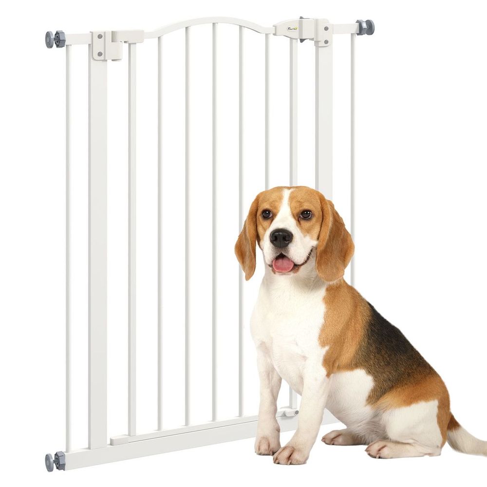 PawHut 74-80cm Adjustable Metal Pet Gate Safety Barrier w/ Auto-Close Door White