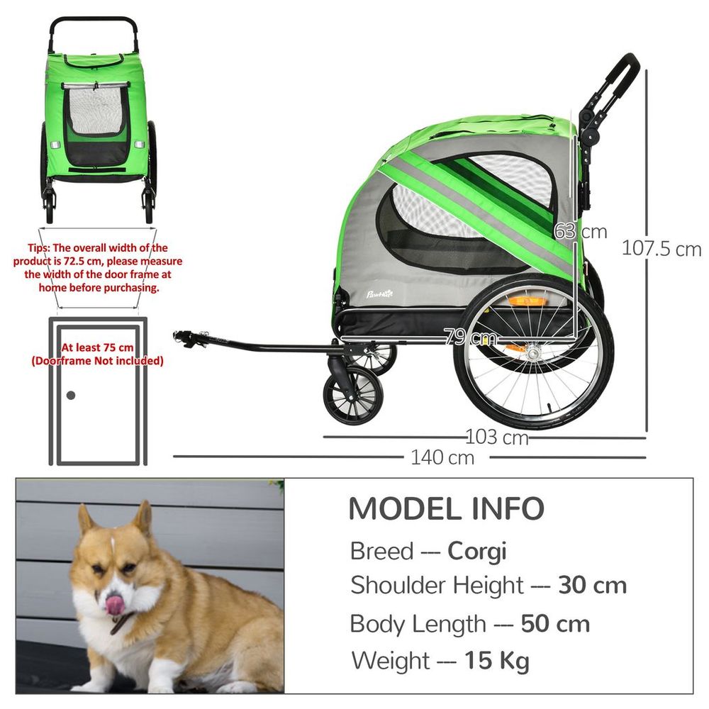 2-In-1 Dog Bike Trailer Stroller w/ Universal Wheel Reflector Flag Green