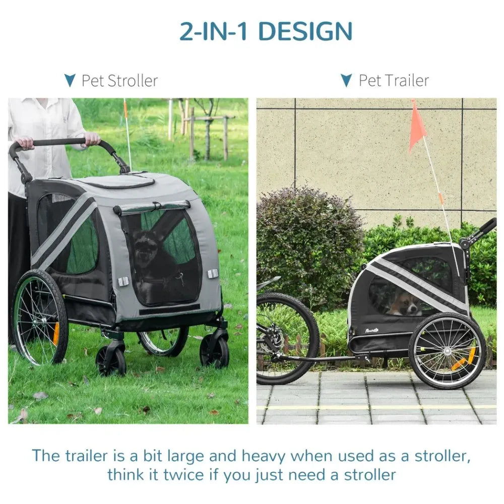 2-In-1 Dog Bike Trailer Pet Stroller with Universal Wheel Reflector Flag Grey