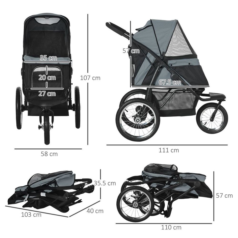 3 Wheel Pet Stroller, for Medium Small Dogs, Foldable Cat Pram - Grey