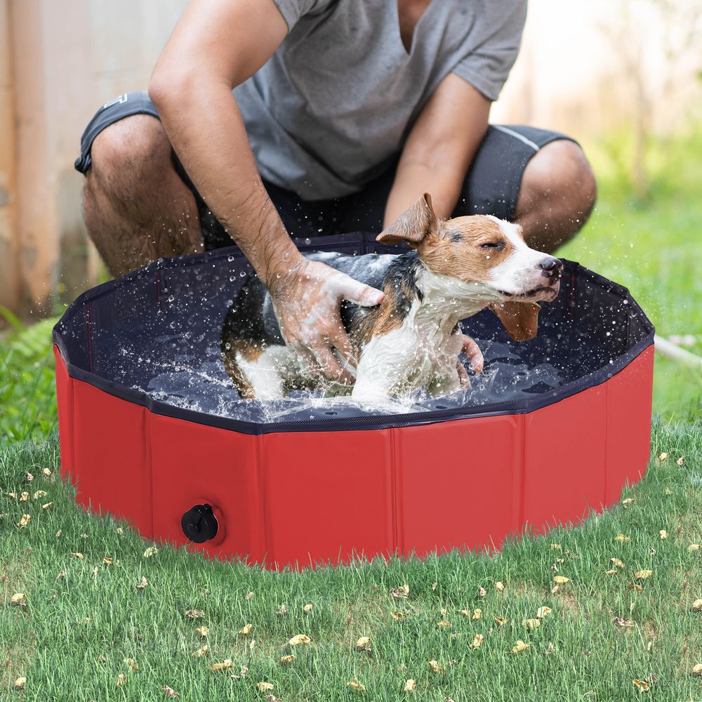 Pet Paddling Pool Cat Dog Indoor/ Outdoor Foldable 80cm Diameter Red Pawhut