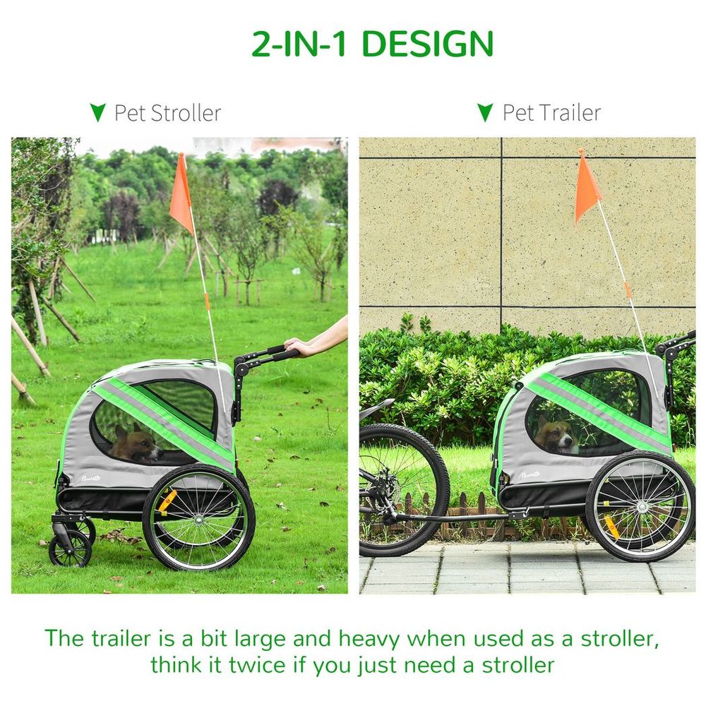 2-In-1 Dog Bike Trailer Stroller w/ Universal Wheel Reflector Flag Green