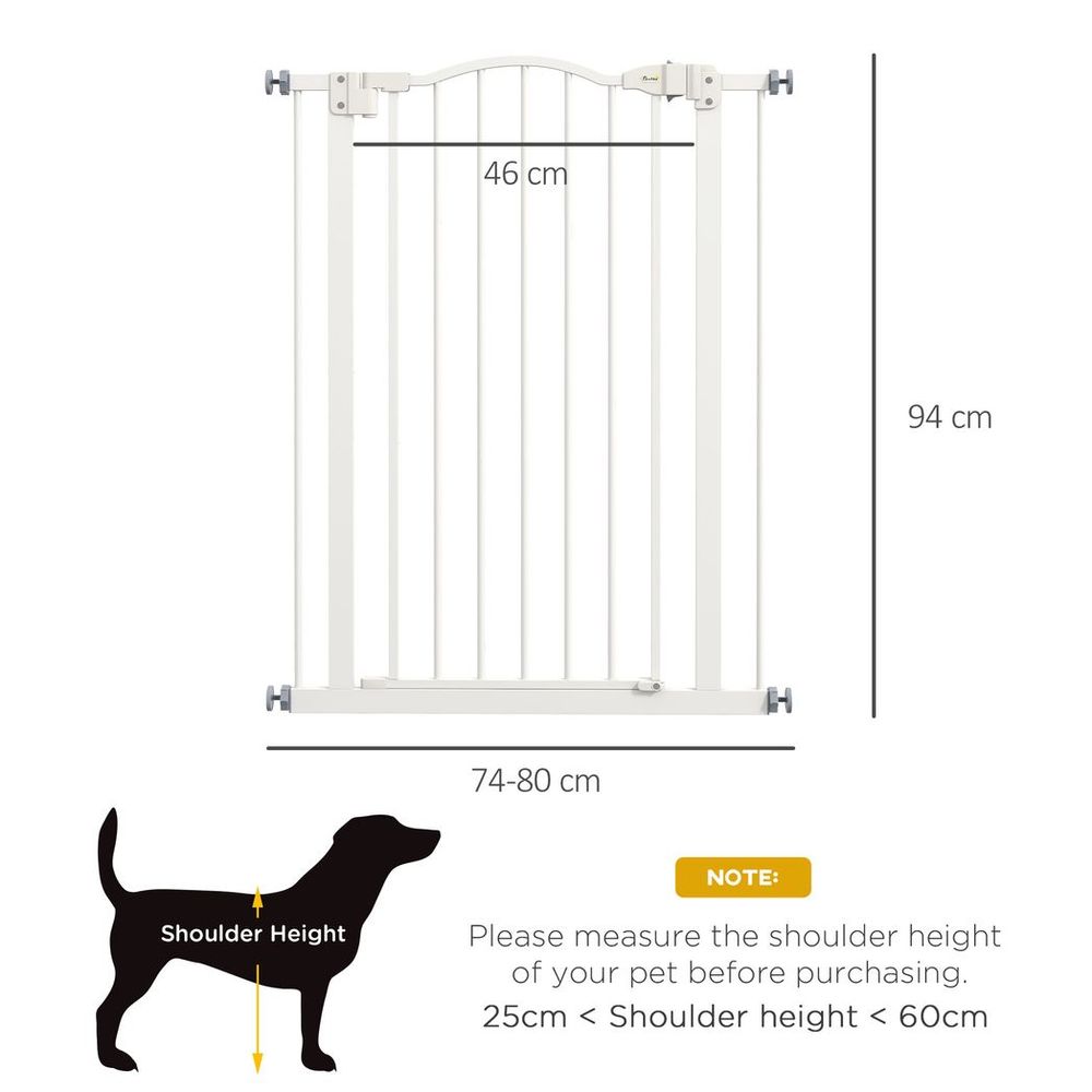 PawHut 74-80cm Adjustable Metal Pet Gate Safety Barrier w/ Auto-Close Door White