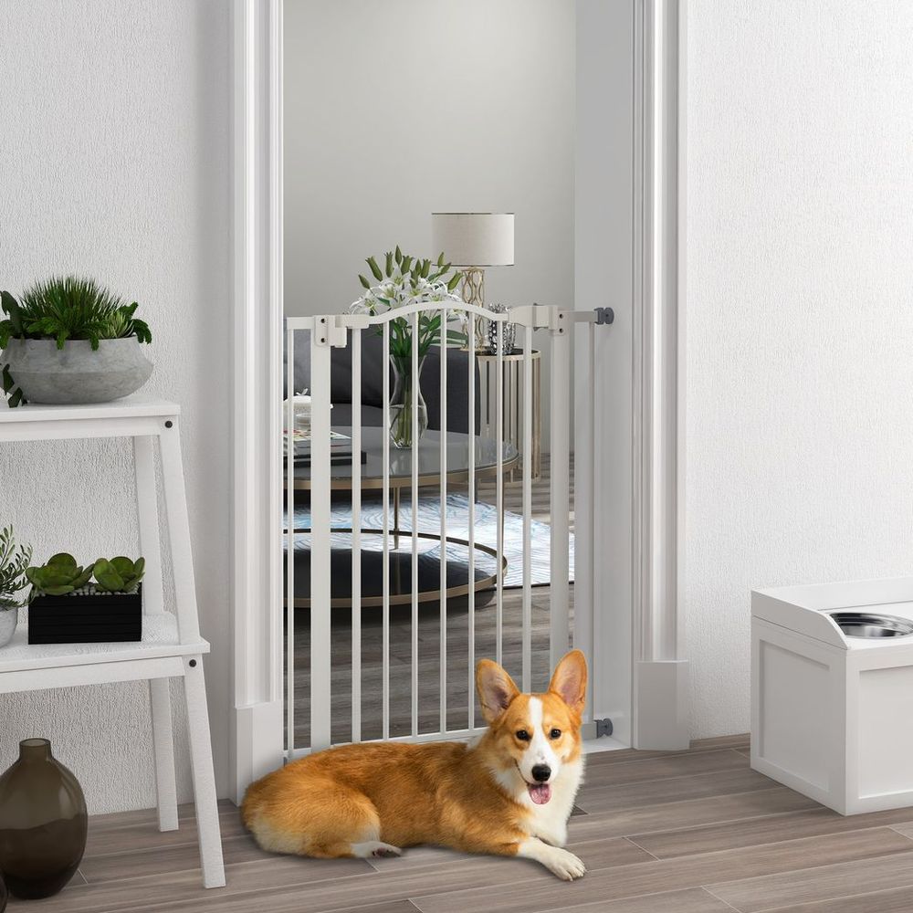 PawHut 74-80cm Adjustable Metal Pet Gate Safety Barrier w/ Auto-Close Door White