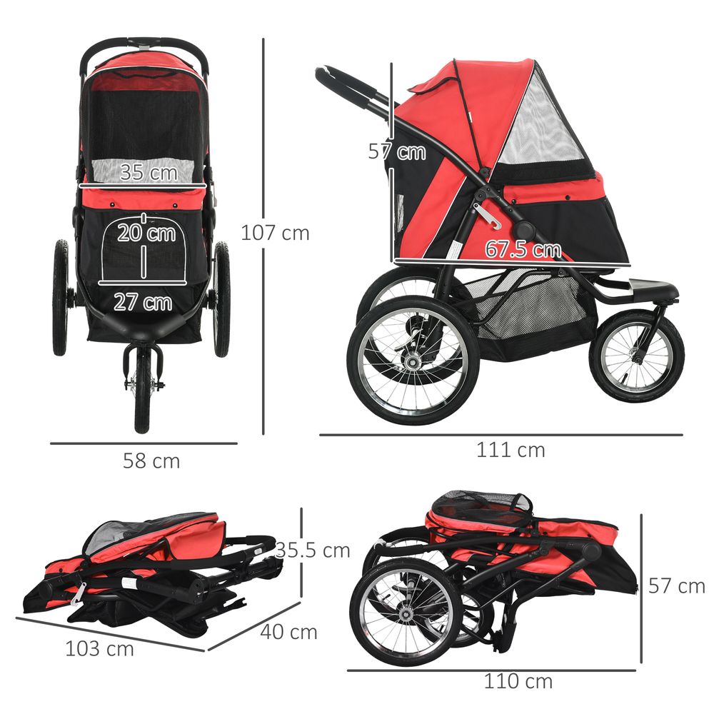 Foldable Pet Stroller Jogger w/ Canopy, Three Wheels, for Medium Dogs - Red